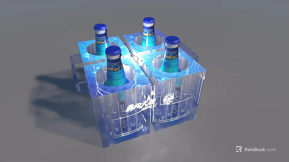 Transparent Wine Rack Holding Bottles With Blue Caps And White Text Design 3d model