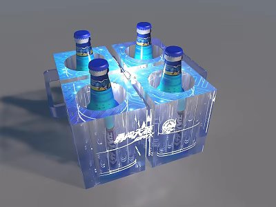 Transparent Wine Rack Holding Bottles With Blue Caps And White Text Design 3d model