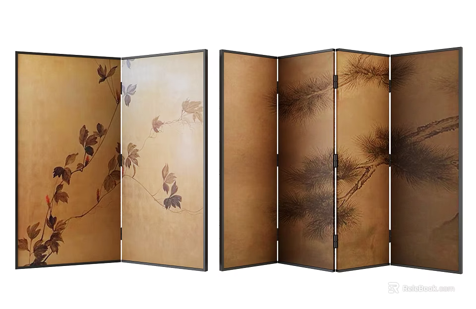 Oriental Style Decorative Room Divider Featuring Vine Leaves And Pine Tree Designs 3d model
