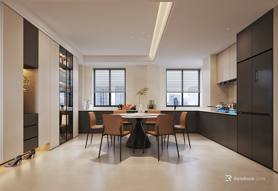 Modern Open Kitchen Interior With Dining Table Chairs Cabinets And Windows 3d model