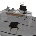 Modern Glass Desk With Laptop Mug Open Notebook Desk Lamp Chair On Rug