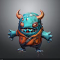 Cartoon Character Monster Creature With Blue Body Red Horns Eyes And Outfit Carrying Small Bag