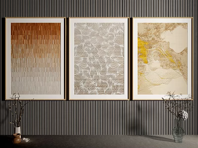 Three Abstract Decorative Paintings On Striped Wall With Vase Decor 3d model