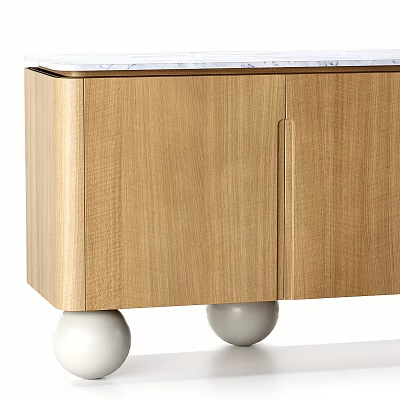 Modern Wooden Chest of Drawers with Cabinet Doors and White Spherical Legs Design 3d model