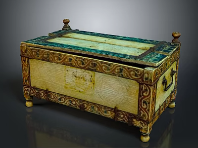 Ornate Wooden Chest With Decorative Carvings Green Accents And Small Feet 3d model