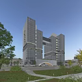 Modern Glass Curtain Wall Office Building With Connected Towers And Green Trees