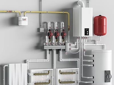 Domestic Heating System With Boiler Pipes And Storage Tank 3d model
