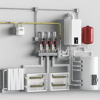 Domestic Heating System With Boiler Pipes And Storage Tank 3d model