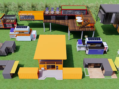 Colorful Container Guesthouse Buildings With Solar Panels Outdoor Decks And Tables 3d model