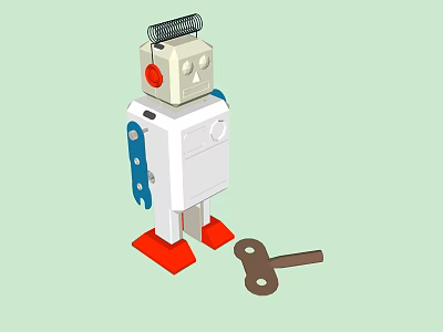 Smart White Robot With Red Feet Blue Arms Antenna And Metal Key 3d model