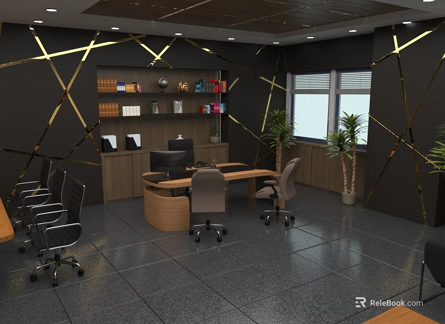 Modern Office Furniture With Wooden Desk Office Chairs Bookshelves And Gold Geometric Lines 3d model 