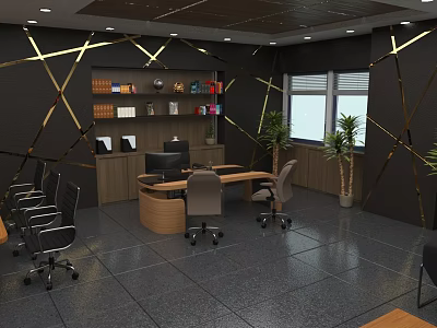 Modern Office Furniture With Wooden Desk Office Chairs Bookshelves And Gold Geometric Lines 3d model
