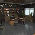 Modern Office Furniture With Wooden Desk Office Chairs Bookshelves And Gold Geometric Lines