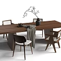 Modern Wooden Dining Table With Chairs Black Vase Branches Gray Cloth And Decorative Items