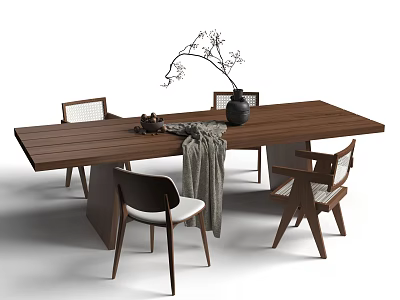 Modern Wooden Dining Table With Chairs Black Vase Branches Gray Cloth And Decorative Items 3d model