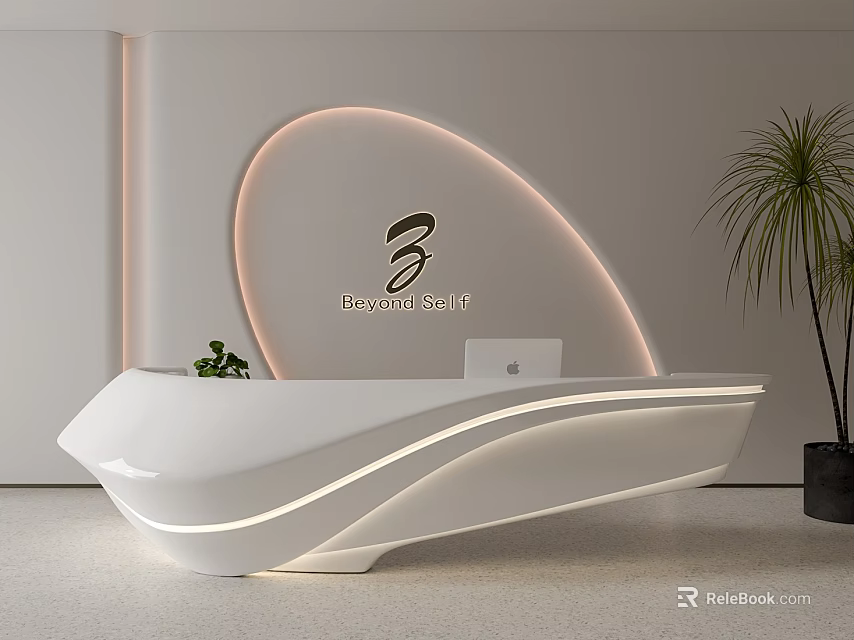 Sleek Modern White Reception Desk With LED Lighting Curved Backdrop Laptop Plant And Brownboutique Logo 3d model 