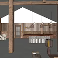 Hotel Lobby Interior With Wooden Beams Skylights Central Fire Pit And Lanterns
