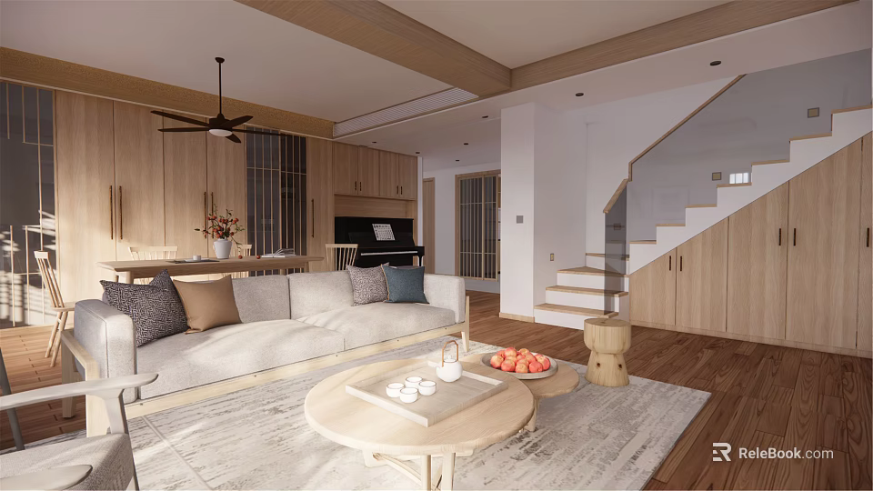 Modern Living Dining Room Interior Design With Wooden Cabinets Sofa Coffee Table And Staircase 3d model 