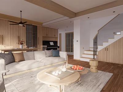 Modern Living Dining Room Interior Design With Wooden Cabinets Sofa Coffee Table And Staircase 3d model