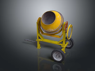 Yellow Concrete Mixer With Metal Drum Stand And Black Wheels For Construction 3d model