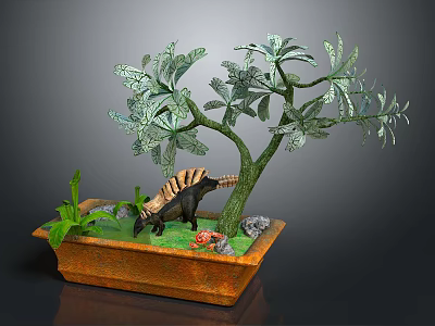Potted Indoor Plant with Green Leaves Brown Pot Dinosaur Figure and Small Stones 3d model