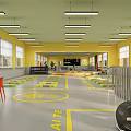 Modern Fitness Gym Interior Featuring Yellow Walls Gray Floor Green Exercise Steps And Fitness Equipment