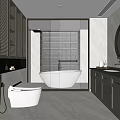 Elegant Modern Bathroom Interior With White Bathtub Gray Cabinets And Marble Vanity Mirror