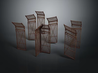 Multiple Brown Metal Grid Scenic Structures With Various Shapes On Dark Background 3d model