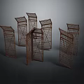 Multiple Brown Metal Grid Scenic Structures With Various Shapes On Dark Background