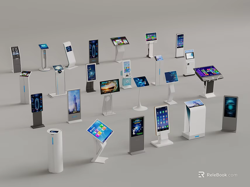 Modern Interactive Kiosk Collection Featuring Various Touchscreen Displays And Stands 3d model