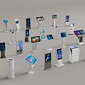 Modern Interactive Kiosk Collection Featuring Various Touchscreen Displays And Stands 3d model