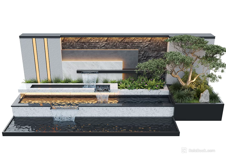 Modern Scenic Feature Wall Design With Waterfall Stream Lush Plants and Soft Lighting 3d model 