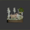 Cartoon Landscape Miniature with Wooden House Green Trees Little Figure Tree House and Wooden Stairs