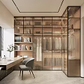 Modern Walk In Closet Interior With Glass Doors Clothing Racks Bookshelves And Dressing Table Chair