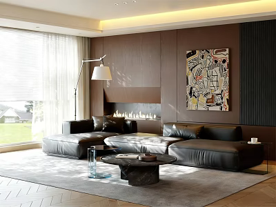 Modern Living Room Interior With Black Leather Sofa Large Window Fireplace And Abstract Painting 3d model