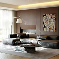 Modern Living Room Interior With Black Leather Sofa Large Window Fireplace And Abstract Painting