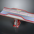 Modern Bridge Architecture Design With Red Gray Accents Lane Lines And Support Columns