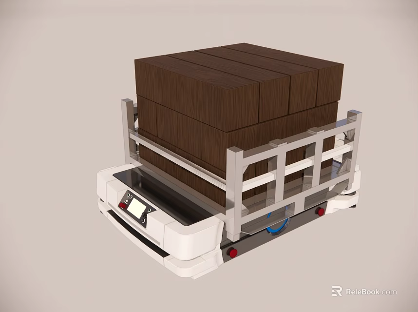 White Utility Vehicle Transporting Wooden Boxes With Railing Platform And Structure 3d model