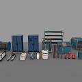 Various Industrial Equipment Including Blue Lockers Metal Shelves Gas Cylinders Fire Extinguishers And Control Panels
