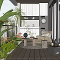 Cozy Home Balcony Design With Green Plants Flowers Wooden Flooring Rattan Chair Small Coffee Table