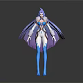 Game And Movie Character With Blue Purple Hair Purple Cloak Blue White Outfit And White Gloves