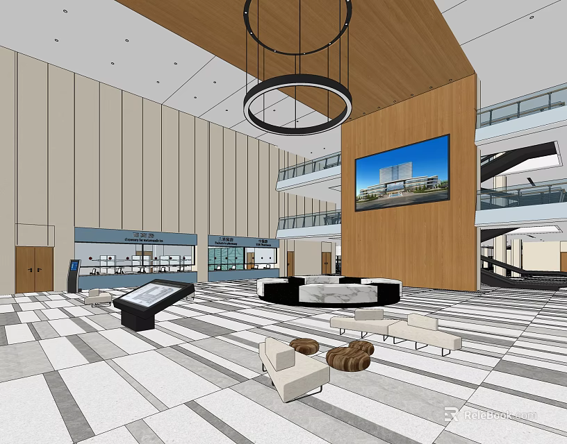Modern Spacious Lobby Interior With Wooden Walls Large Screen Chandelier Sofas And Marble Floor 3d model 
