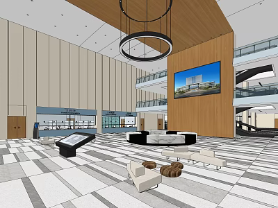 Modern Spacious Lobby Interior With Wooden Walls Large Screen Chandelier Sofas And Marble Floor 3d model