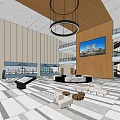 Modern Spacious Lobby Interior With Wooden Walls Large Screen Chandelier Sofas And Marble Floor
