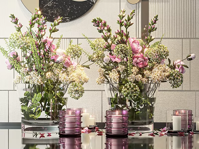 Vase with Pink Flowers Green Leaves and Purple Candleholders White Candles Scattered Petals on Counter 3d model