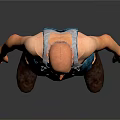 Elderly Man With Bald Head Wearing Blue Overalls With Ripped Holes And Brown Boots