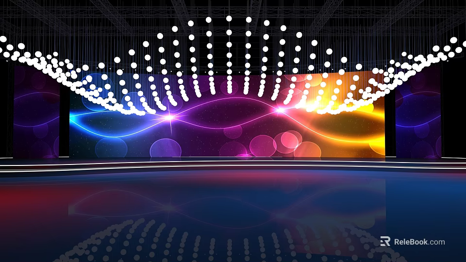 Neatly Arranged White Circular Lights Above Colorful Wave Patterns On Reflective Stage Background 3d model 
