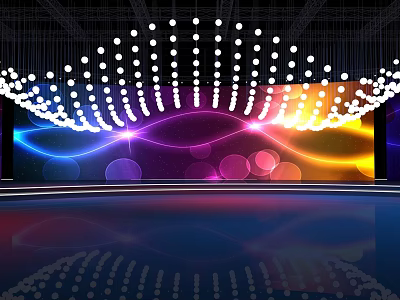Neatly Arranged White Circular Lights Above Colorful Wave Patterns On Reflective Stage Background 3d model