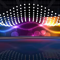 Neatly Arranged White Circular Lights Above Colorful Wave Patterns On Reflective Stage Background