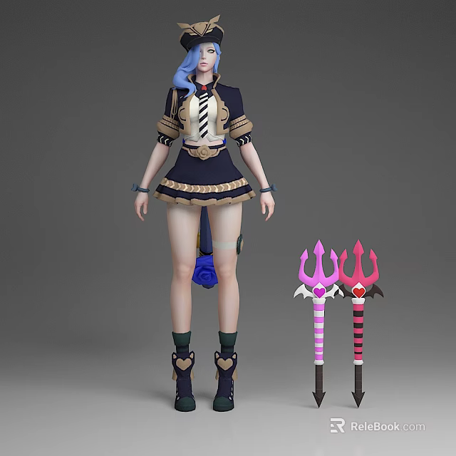Game Character With Blue Hair Wearing Uniform Short Skirt And Trident Weapons 3d model 
